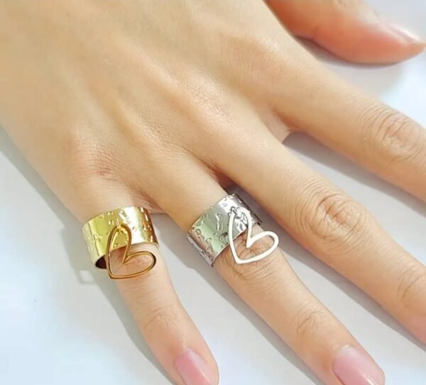 Bague large avec motif de cœur creux doré ou argent en acier inoxydable