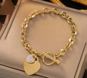Bracelet en acier titane avec fermoir OT en forme de cœur avec zircone cubique