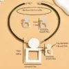 Ensemble Collier, Boucles d'Oreilles et Bague - Cordon en Cire Noir avec Pendentif Géométrique Carré Creux Rond