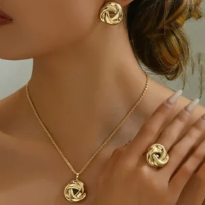 Ensemble Collier, Boucles d'Oreilles et Bague Géométriques avec Rose Doré