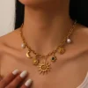 Collier Pendentif Rétro Bohème Soleil & Lune Doré
