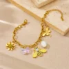 Bracelet en Acier Inoxydable Doré Abeille et Floral avec Design à Maillons