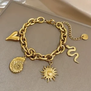 Bracelet avec pendentifs soleil et cœur en Acier inoxydable Doré