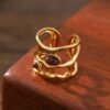 Bague Vintage Orné de Pierre Brunes en Acier Inoxydable