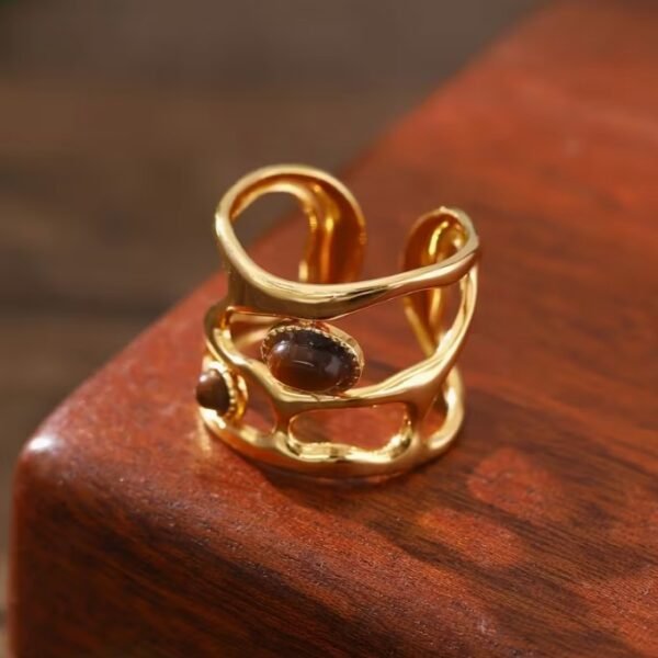 Bague Vintage Orné de Pierre Brunes en Acier Inoxydable