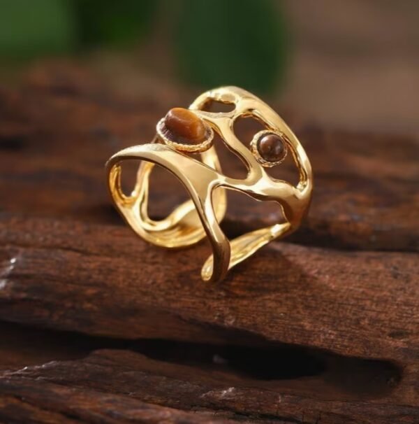 Bague Vintage Orné de Pierre Brunes en Acier Inoxydable