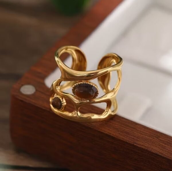 Bague Vintage Orné de Pierre Brunes en Acier Inoxydable