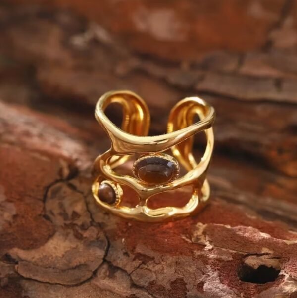 Bague Vintage Orné de Pierre Brunes en Acier Inoxydable