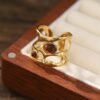 Bague Vintage Orné de Pierre Brunes en Acier Inoxydable