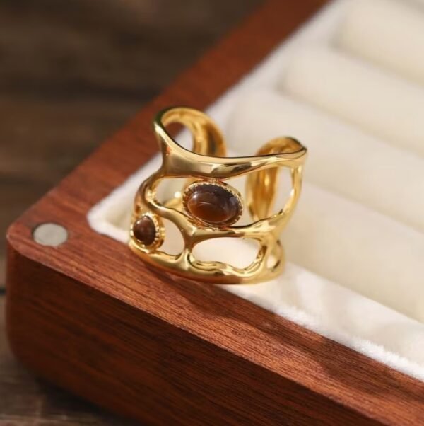 Bague Vintage Orné de Pierre Brunes en Acier Inoxydable