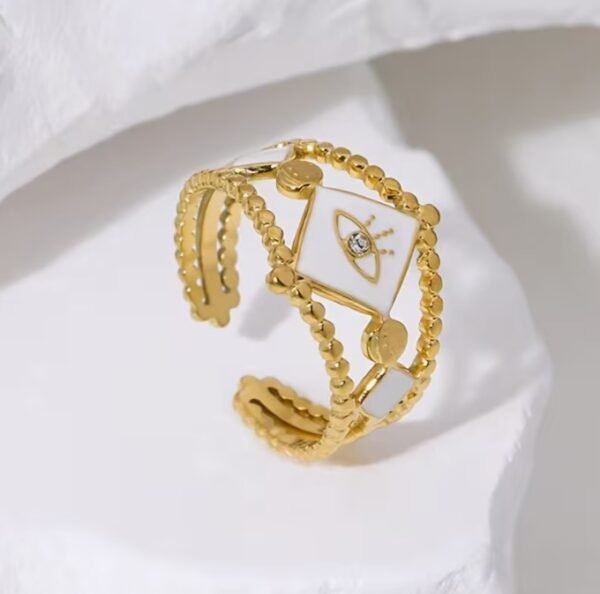 Bague Ouverte Ajustable Design Œil Incrusté en Acier Inoxydable