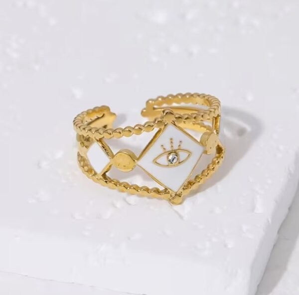 Bague Ouverte Ajustable Design Œil Incrusté en Acier Inoxydable